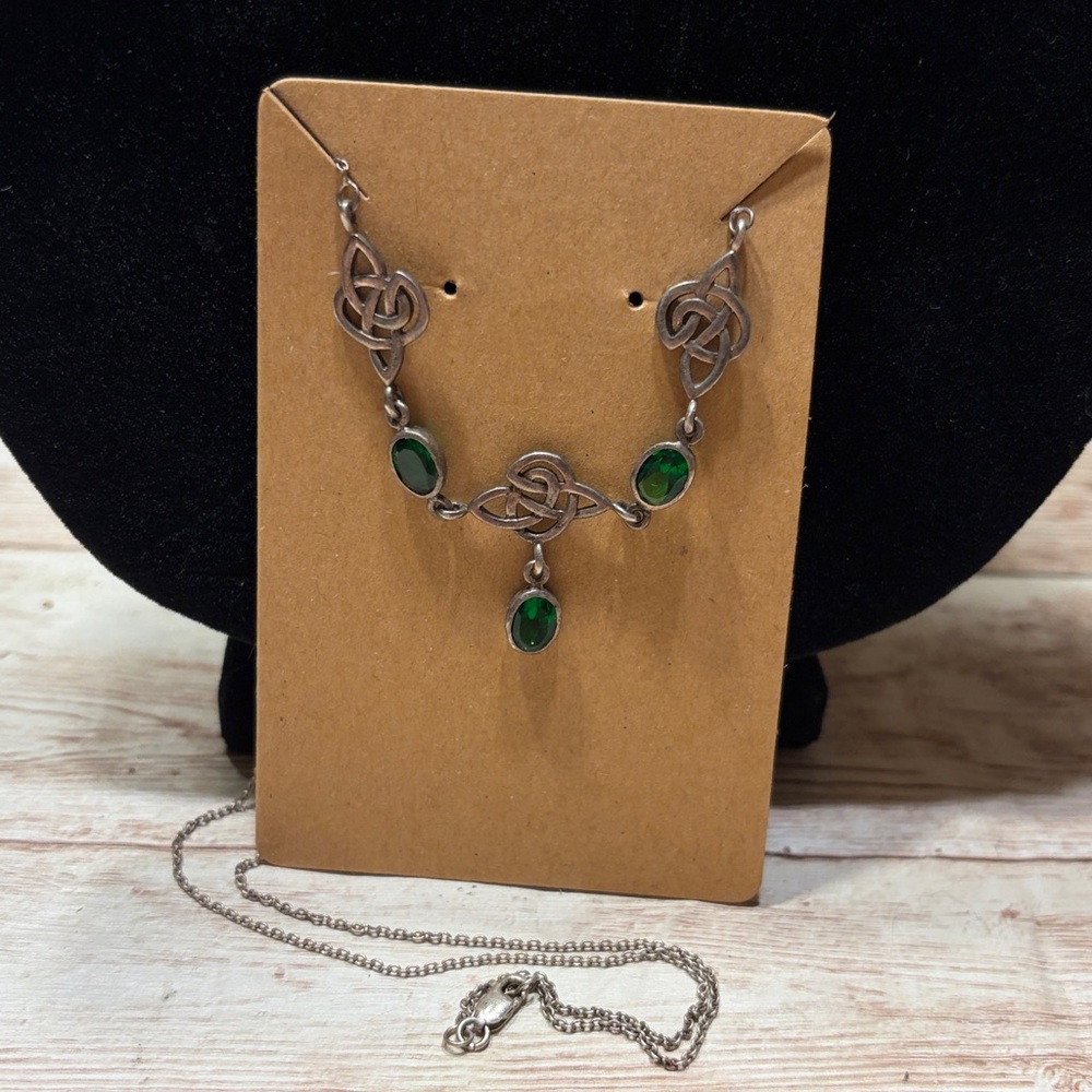 925 Sterling Silver Celtic Triquetra knot necklace with emeralds